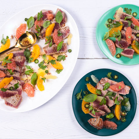Seared Salt Block Tuna with Citrus, Chile and Herb Salad