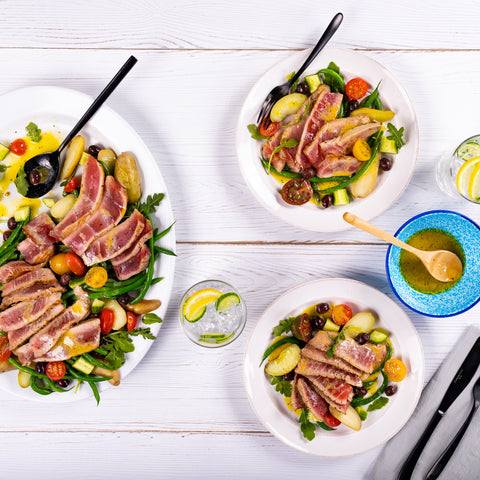 Seared Tuna Steak Salad Niçoise with Lemon Dijon Mustard Vinaigrette